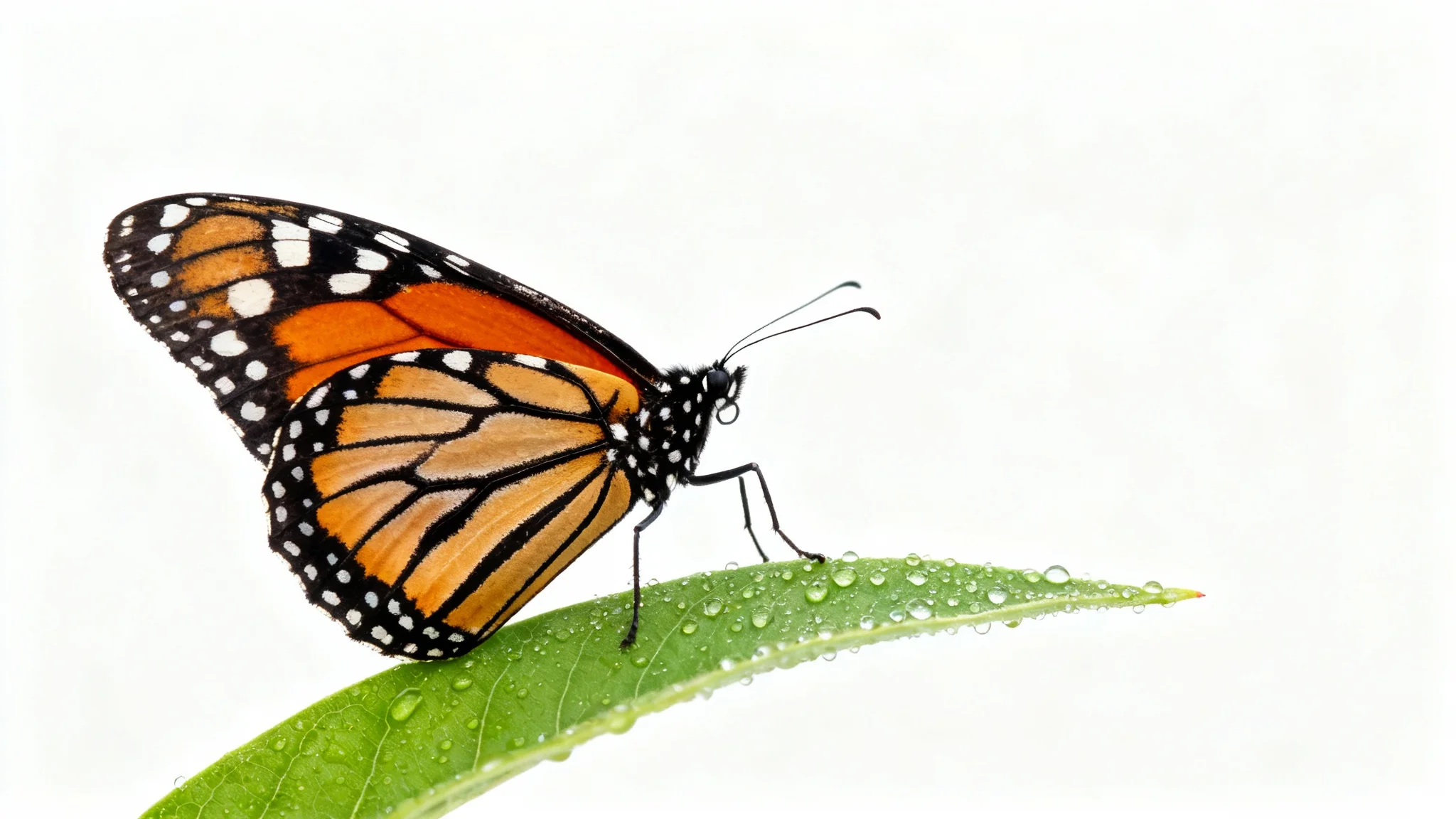 A hyper-realistic image of a single Monarch butterfly with detailed orange and black wings, resting on a dewy green leaf against a solid white background.