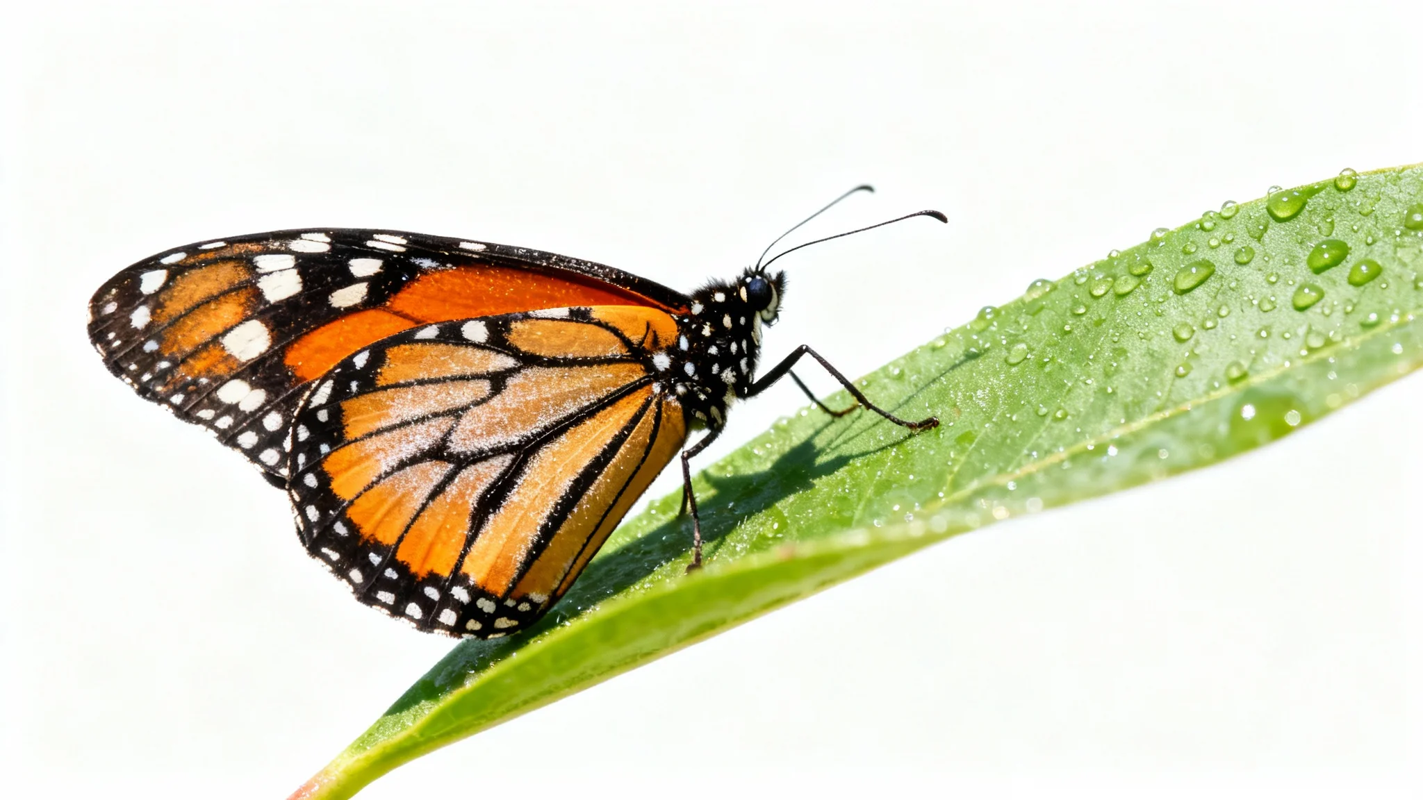 An ultra-realistic macro photo of a single monarch butterfly with detailed orange and black wings, resting on a small green leaf against a solid white background.