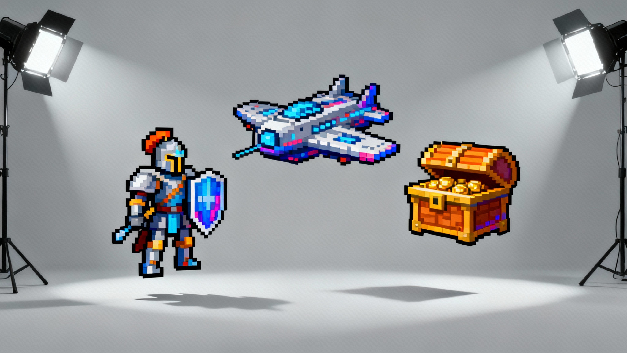An eye-catching showcase of several pixel art sprites, including a knight and a spaceship, perfectly isolated against a clean background, illustrating the result of a pixel art background remover tool.