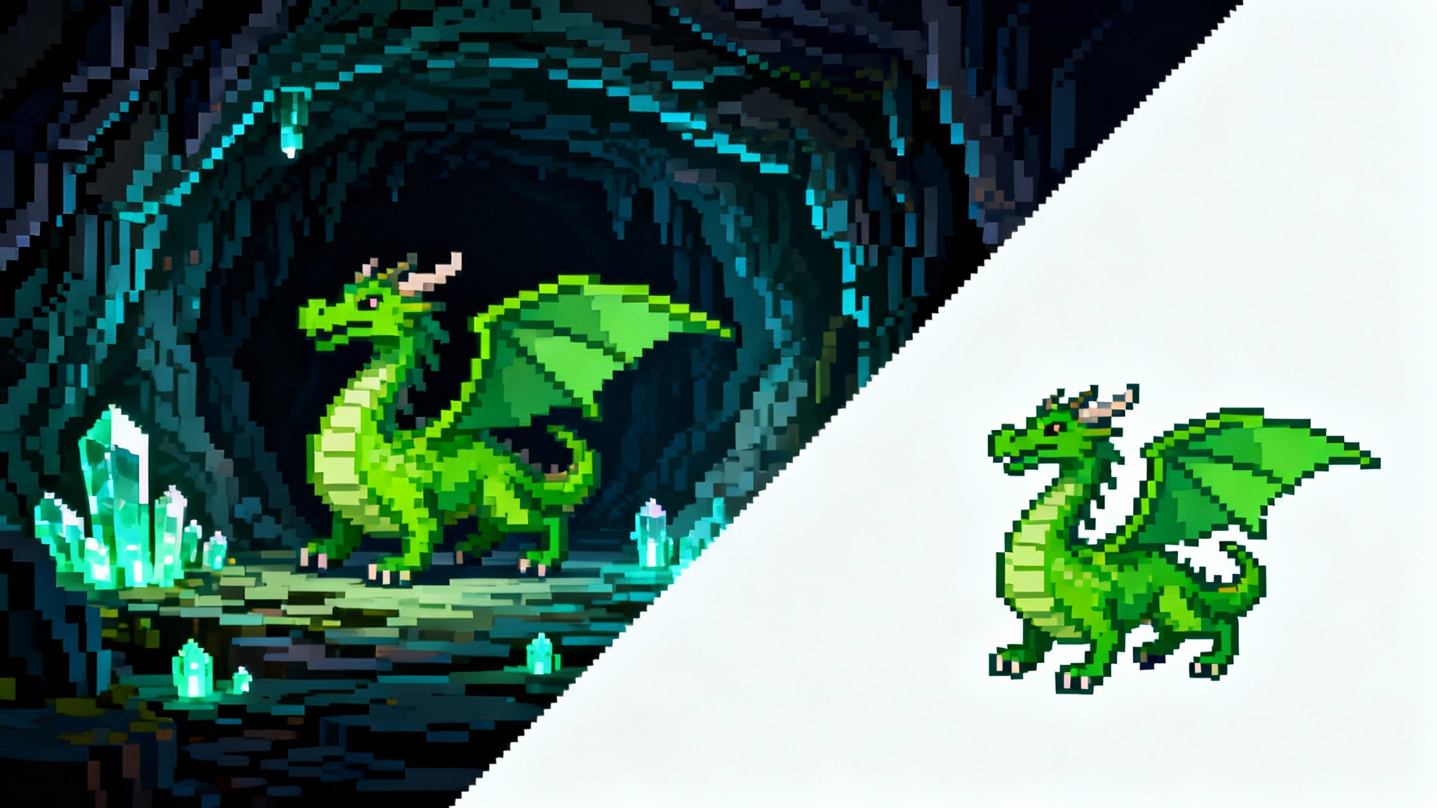 A pixel art dragon, half on a dark cave background and the other half perfectly isolated on a clean white background, demonstrating the effect of a background remover.