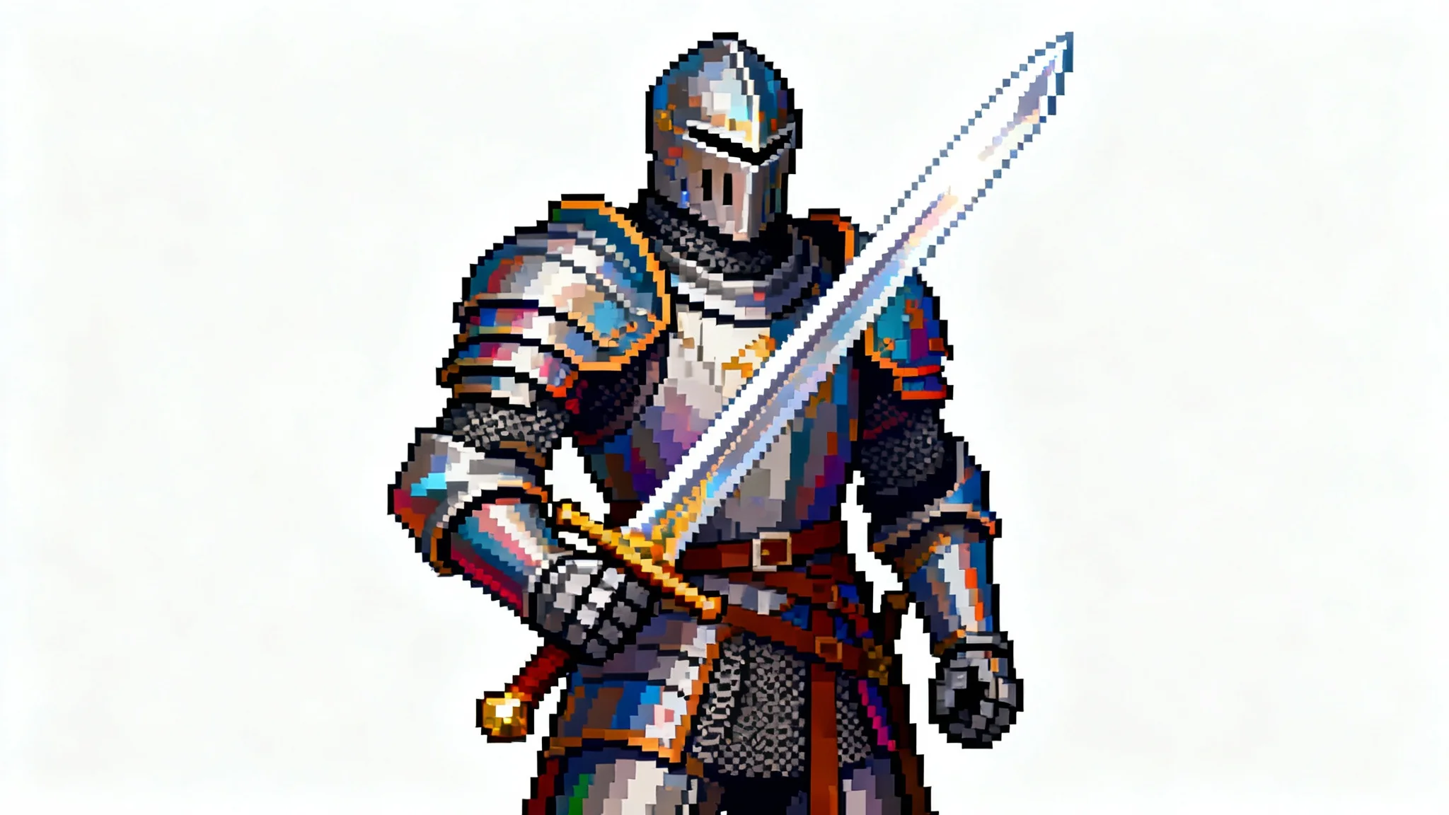A 16-bit pixel art sprite of a fantasy knight, perfectly isolated from its background and displayed on a pure white canvas, demonstrating a clean background removal effect.