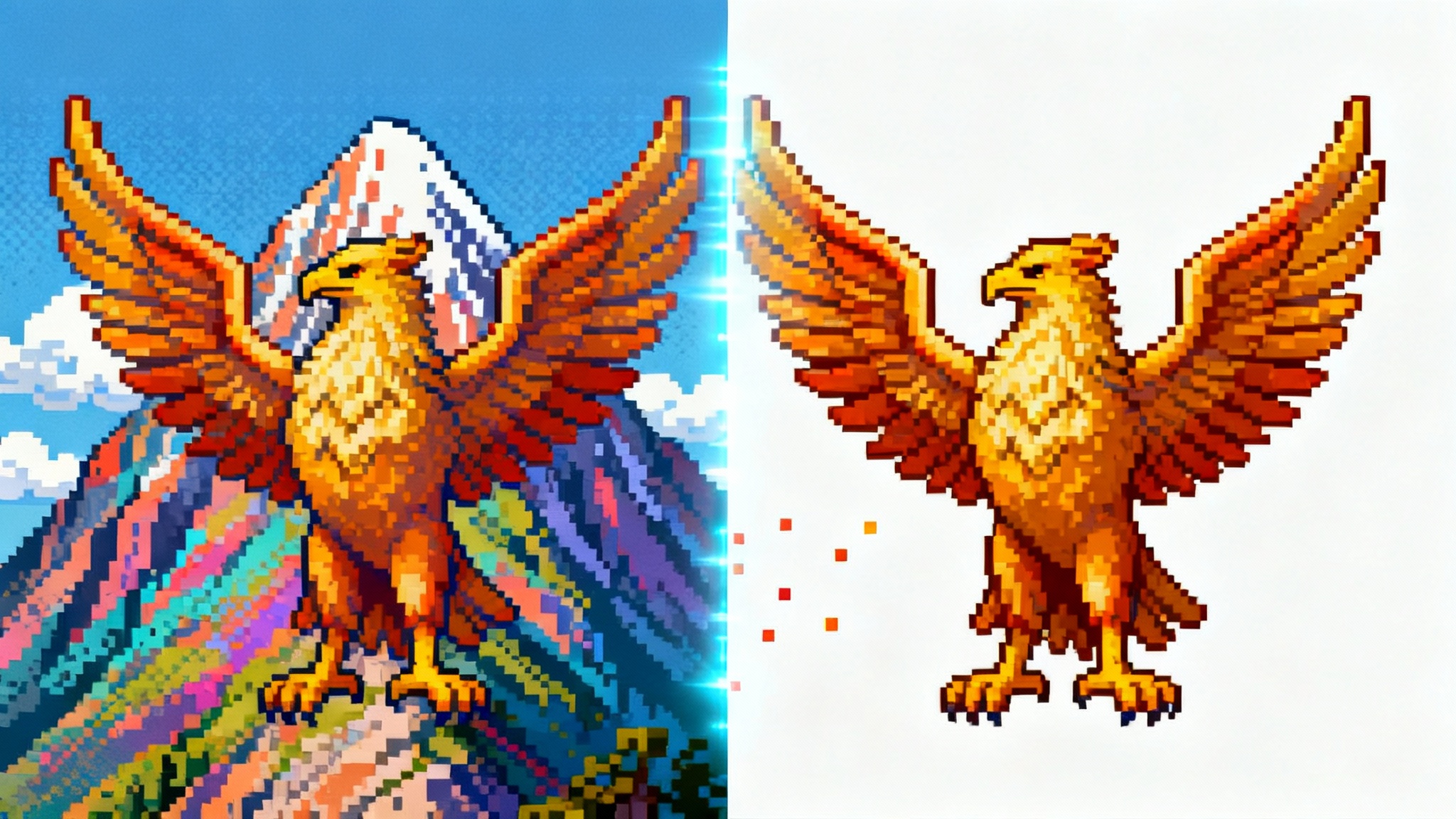 A pixel art griffin is shown in two halves: on the left, it has a detailed mountain background, and on the right, the background has been removed, leaving it on a plain white surface, illustrating a background removal tool.