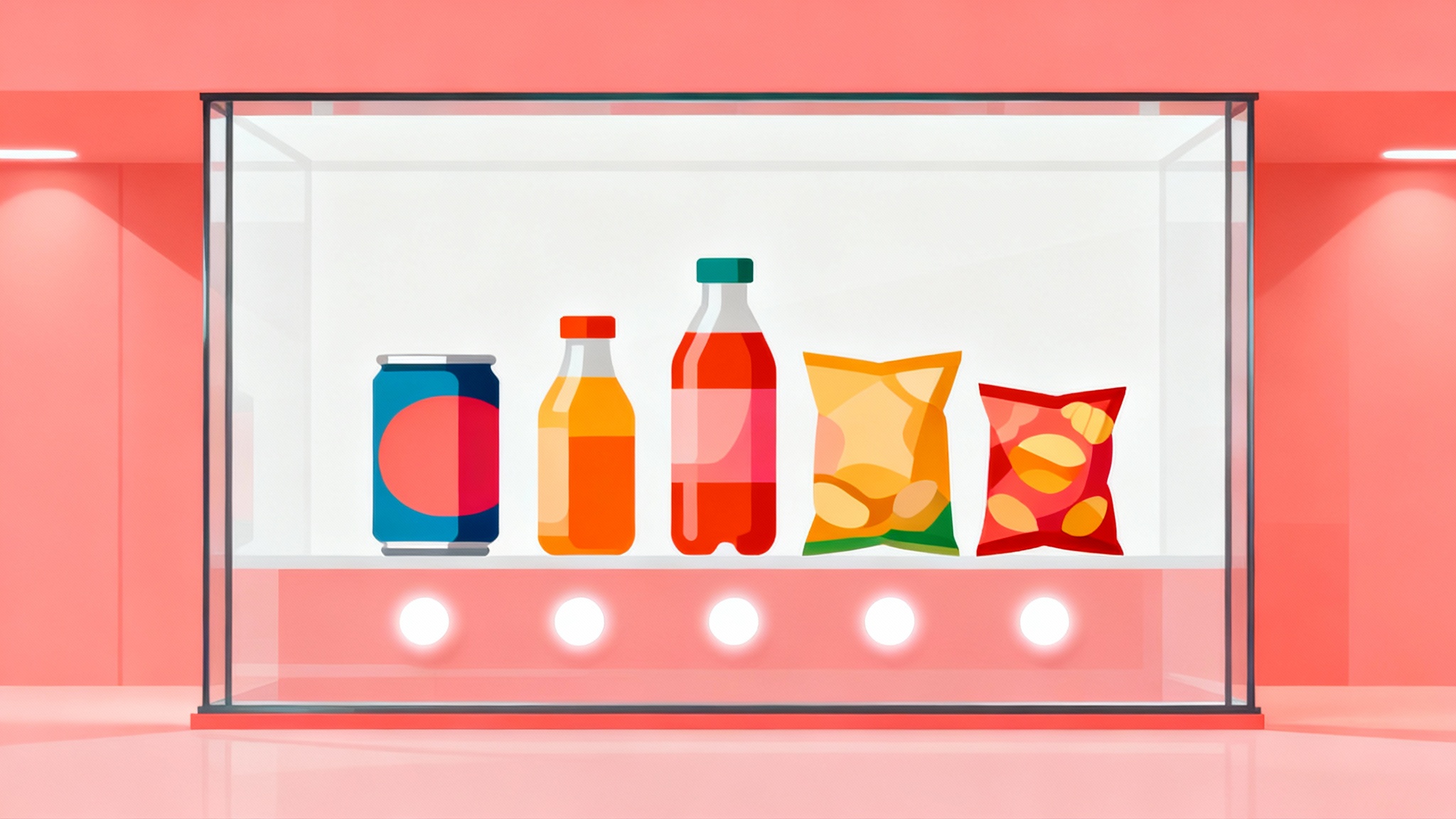 A modern flat vector illustration of a pink vending machine filled with colorful generic snacks and drinks, shown against a solid white background.