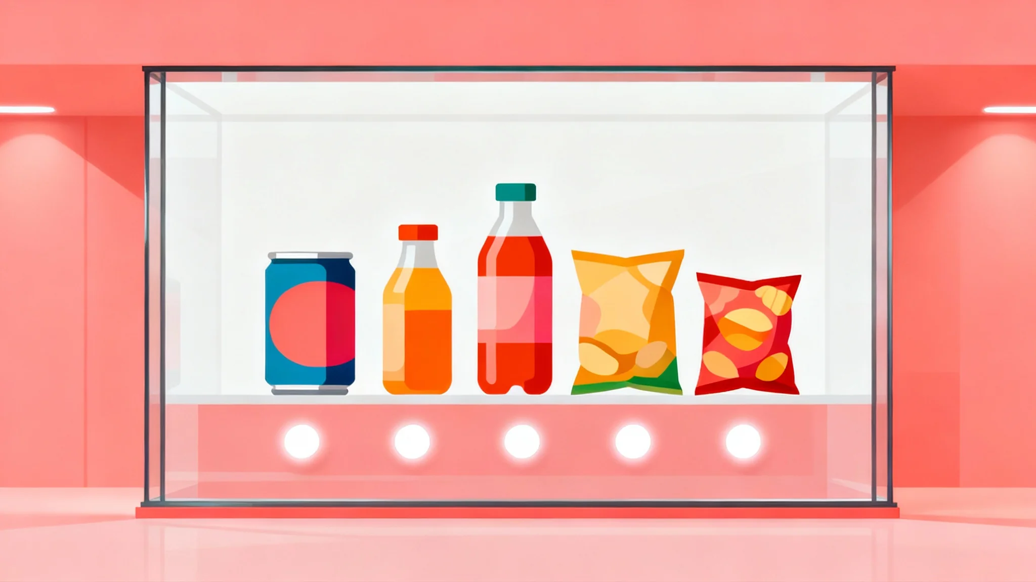 A modern flat vector illustration of a pink vending machine filled with colorful generic snacks and drinks, shown against a solid white background.