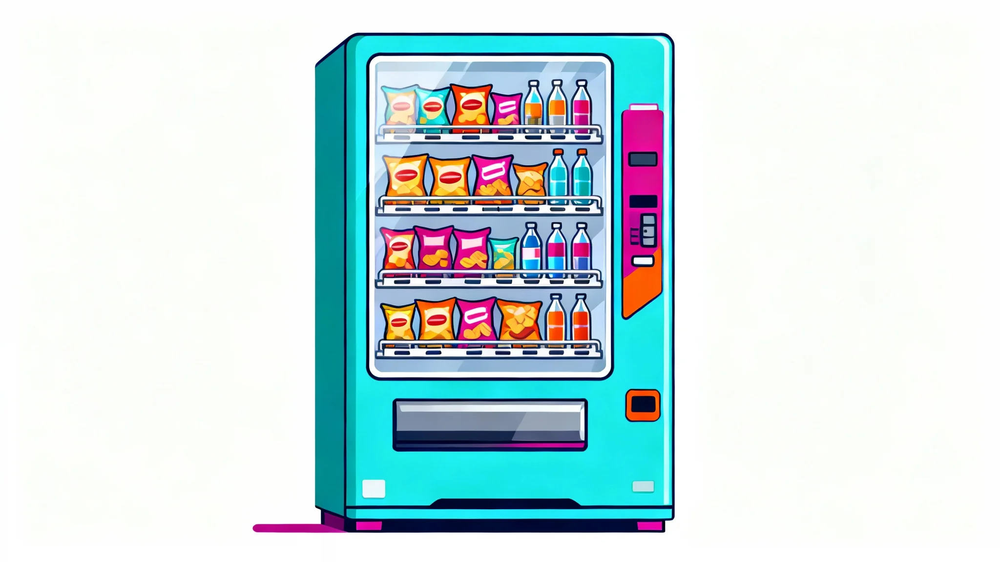 A colorful flat vector illustration of a modern vending machine filled with snacks and drinks, shown against a plain white background.