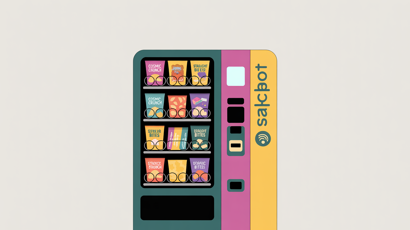 A colorful flat vector illustration of a modern vending machine filled with fictional snacks and drinks, set against a plain white background.