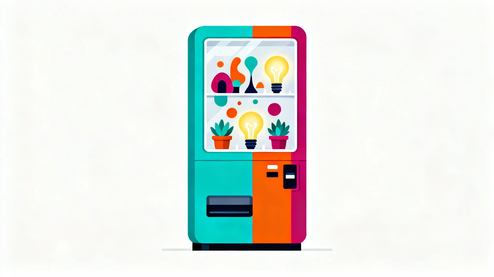 A colorful flat vector illustration of a modern vending machine filled with creative and whimsical items, set against a plain white background.