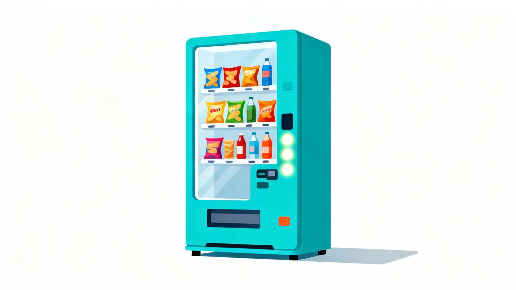 A modern flat design illustration of a colorful vending machine filled with stylized snacks and drinks, isolated on a white background.