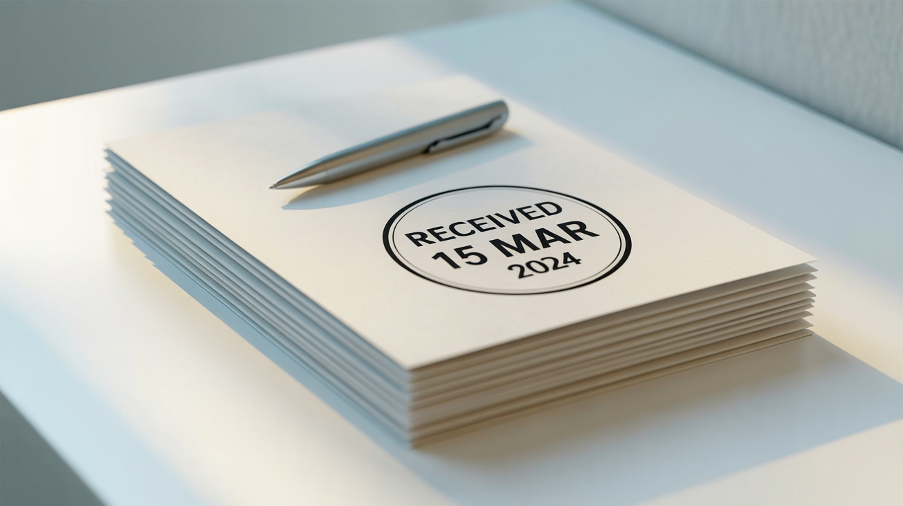A close-up photograph of a document with a crisp, digitally applied circular date stamp that reads 'RECEIVED 15 MAR 2024', showing the final result of a date stamping tool.