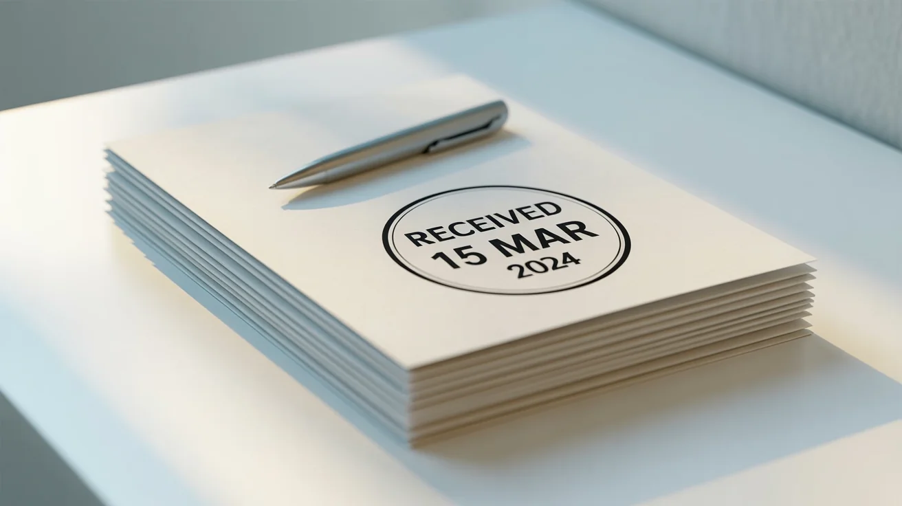 A close-up photograph of a document with a crisp, digitally applied circular date stamp that reads 'RECEIVED 15 MAR 2024', showing the final result of a date stamping tool.