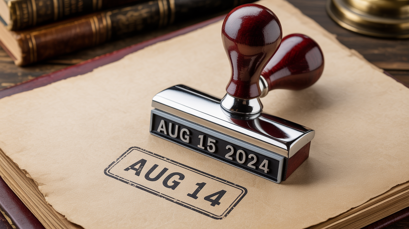 A close-up, photorealistic mockup of a vintage wooden date stamp imprinting 'AUG 15 2024' in black ink onto a piece of paper, against a clean white background.