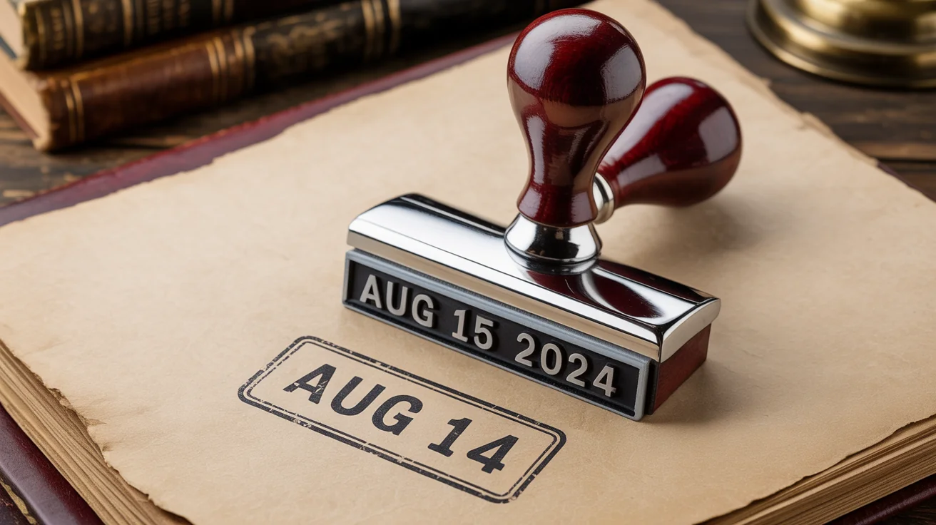 A close-up, photorealistic mockup of a vintage wooden date stamp imprinting 'AUG 15 2024' in black ink onto a piece of paper, against a clean white background.