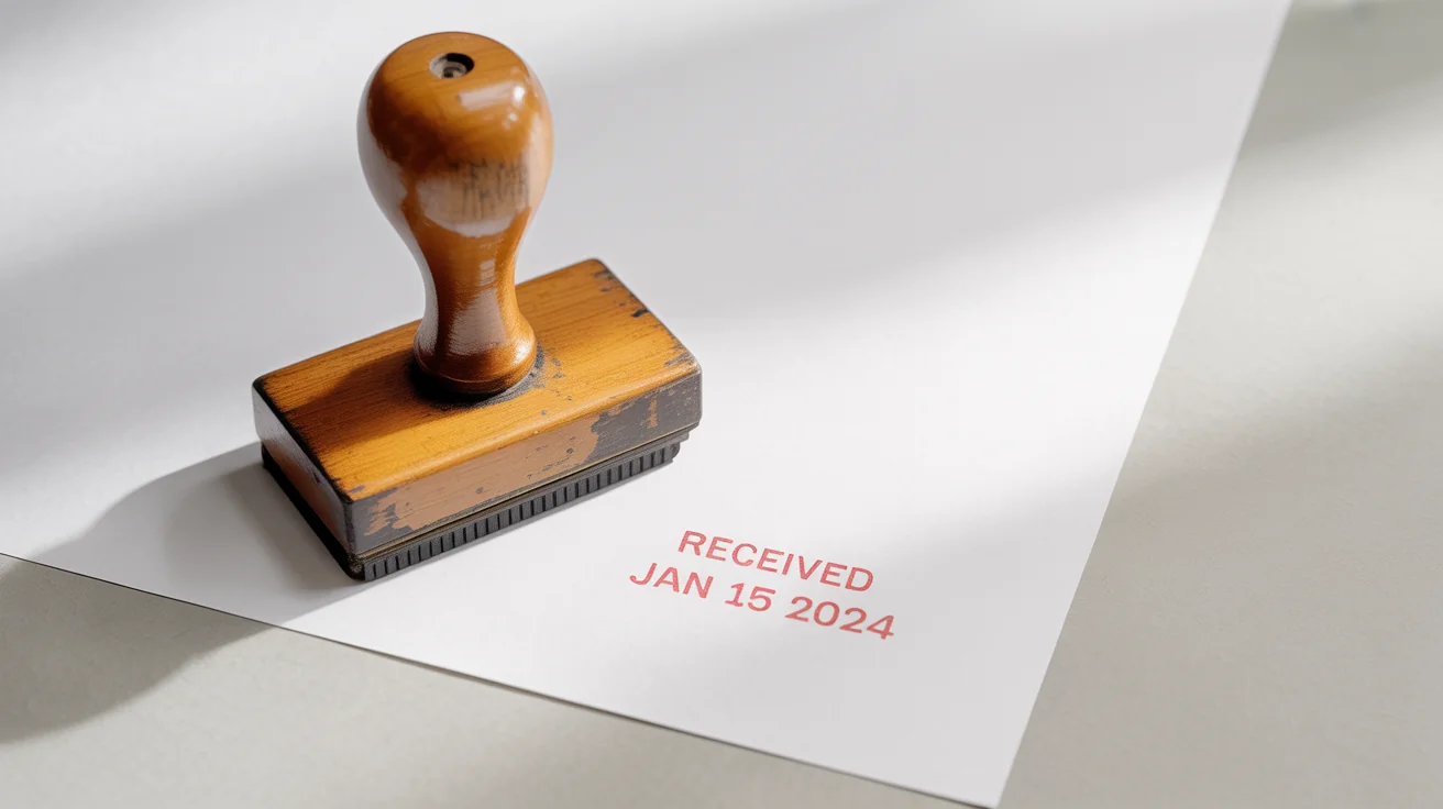 A classic wooden-handled date stamp shown next to a clear red ink impression on paper that reads 'RECEIVED JAN 15 2024', set against a plain white background.