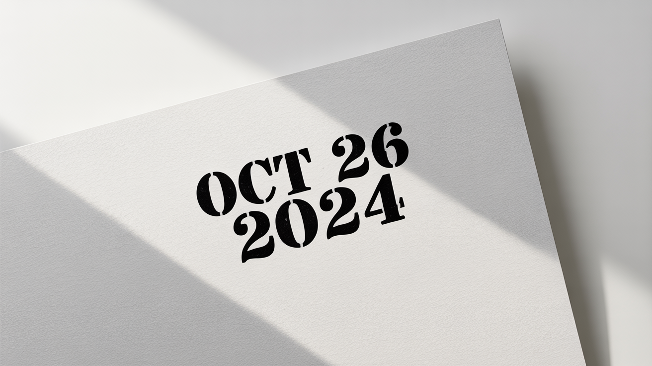 A photorealistic image of a black ink date stamp on a white piece of paper, clearly showing the date 'OCT 26 2024'.