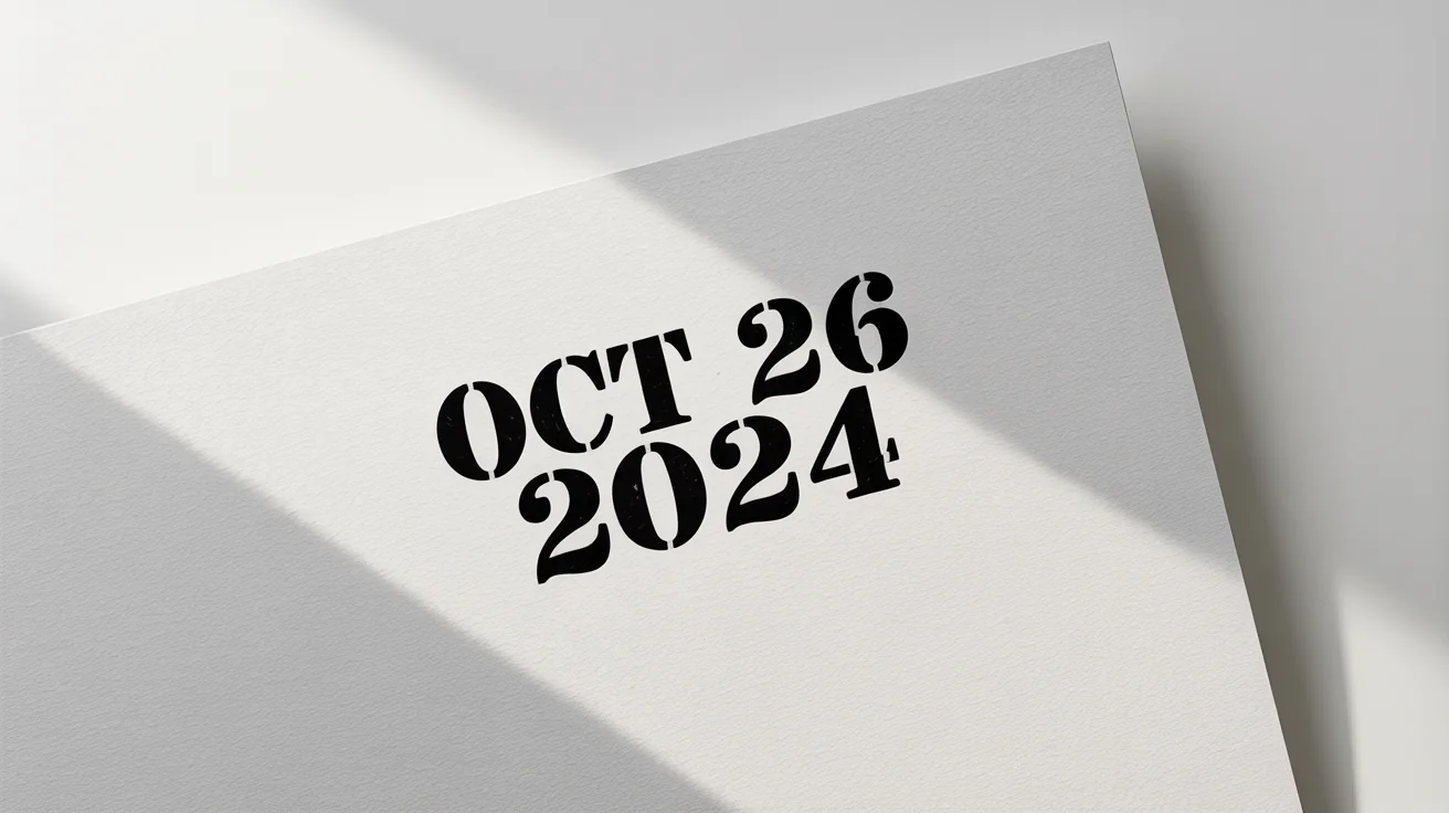 A photorealistic image of a black ink date stamp on a white piece of paper, clearly showing the date 'OCT 26 2024'.