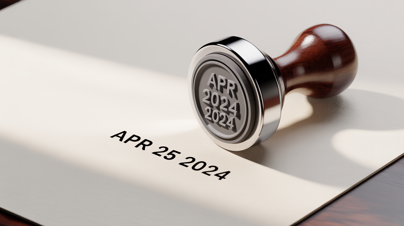 A close-up image of a classic rotary date stamp with a wooden handle, set to April 25, 2024, displayed on a clean white background.