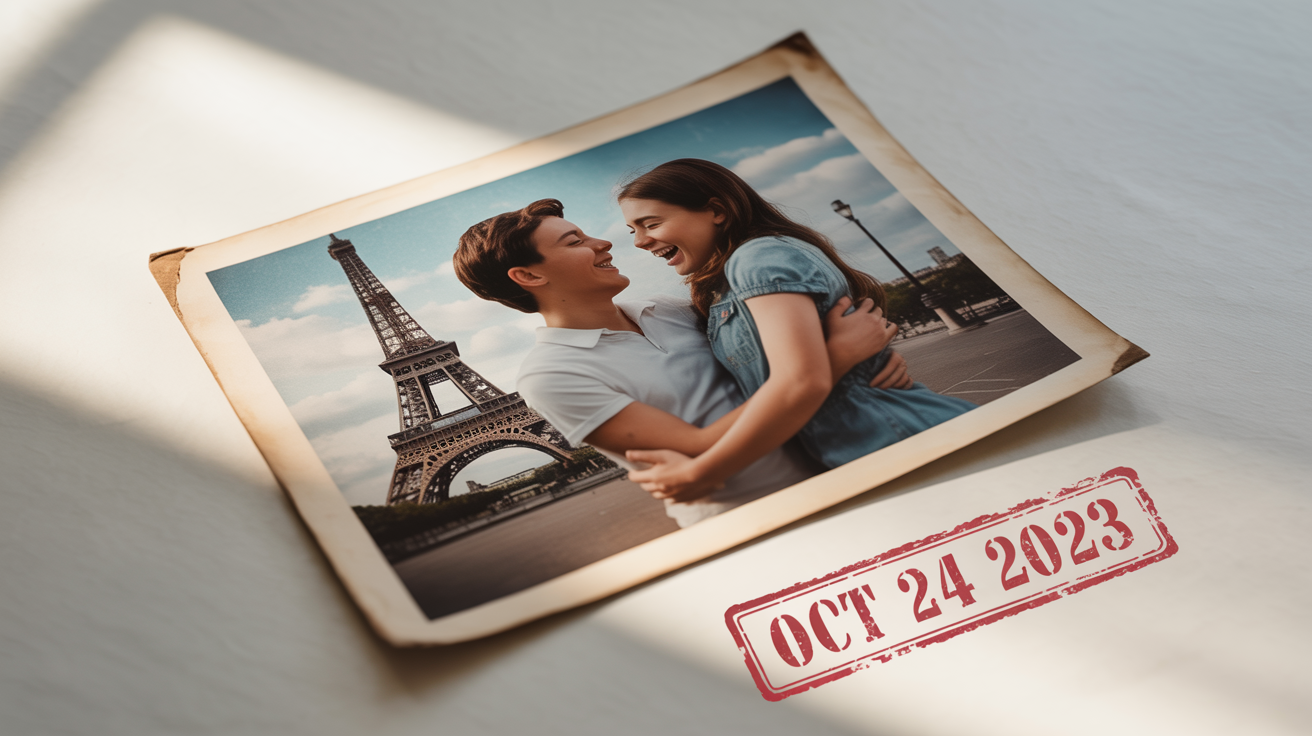 A vintage-style photo of a couple at the Eiffel Tower, lying on a white surface, with a red date stamp in the corner that reads 'OCT 24 2023'.