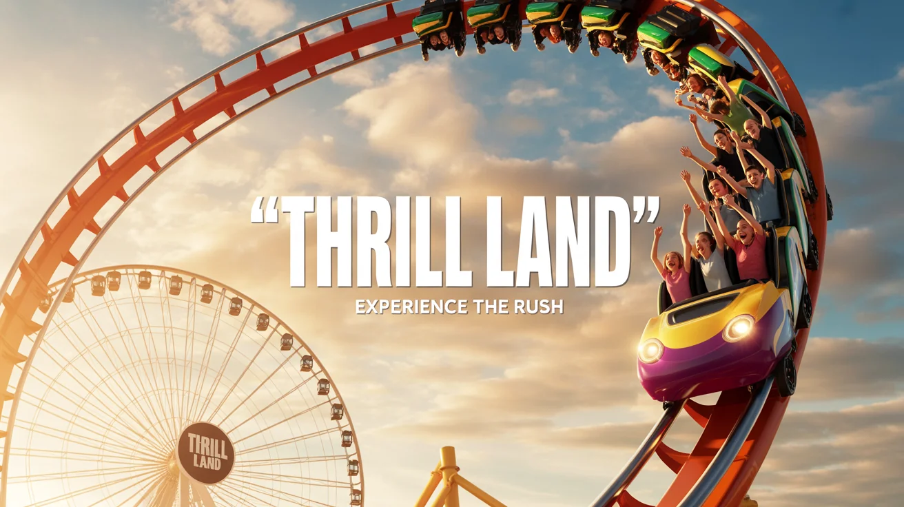 A professionally designed hero image for an amusement park named 'Thrill Land', featuring a dynamic shot of a roller coaster and ferris wheel at sunset.