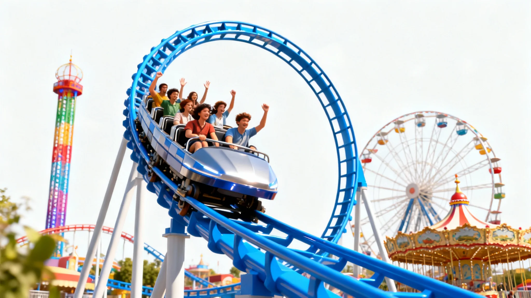 A vibrant 3D illustration of a roller coaster full of happy people at an amusement park, with a Ferris wheel in the background, all set against a clean white backdrop.