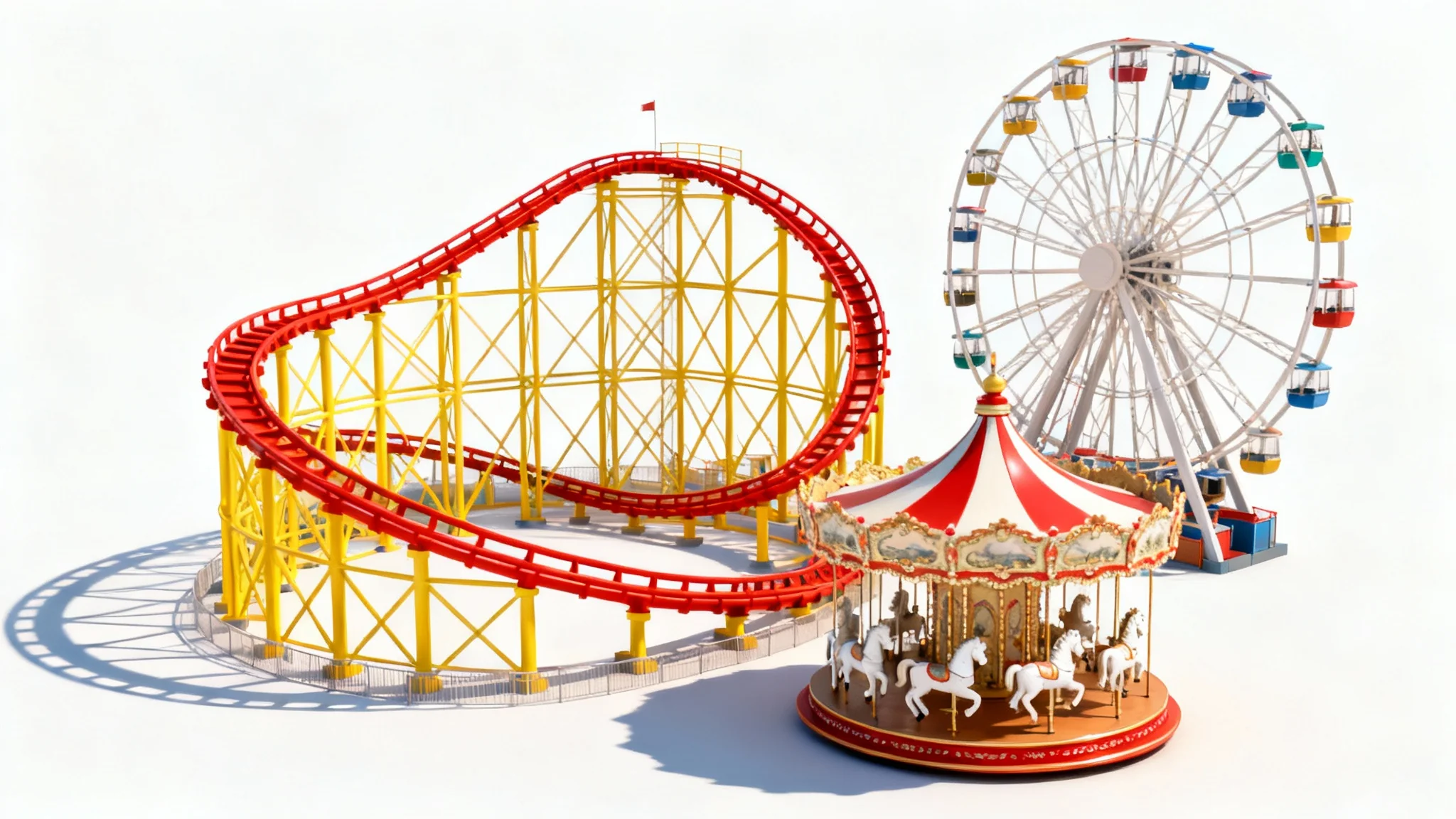 A stylized 3D mockup of a miniature amusement park, featuring a prominent roller coaster, Ferris wheel, and carousel, all set against a clean white background.