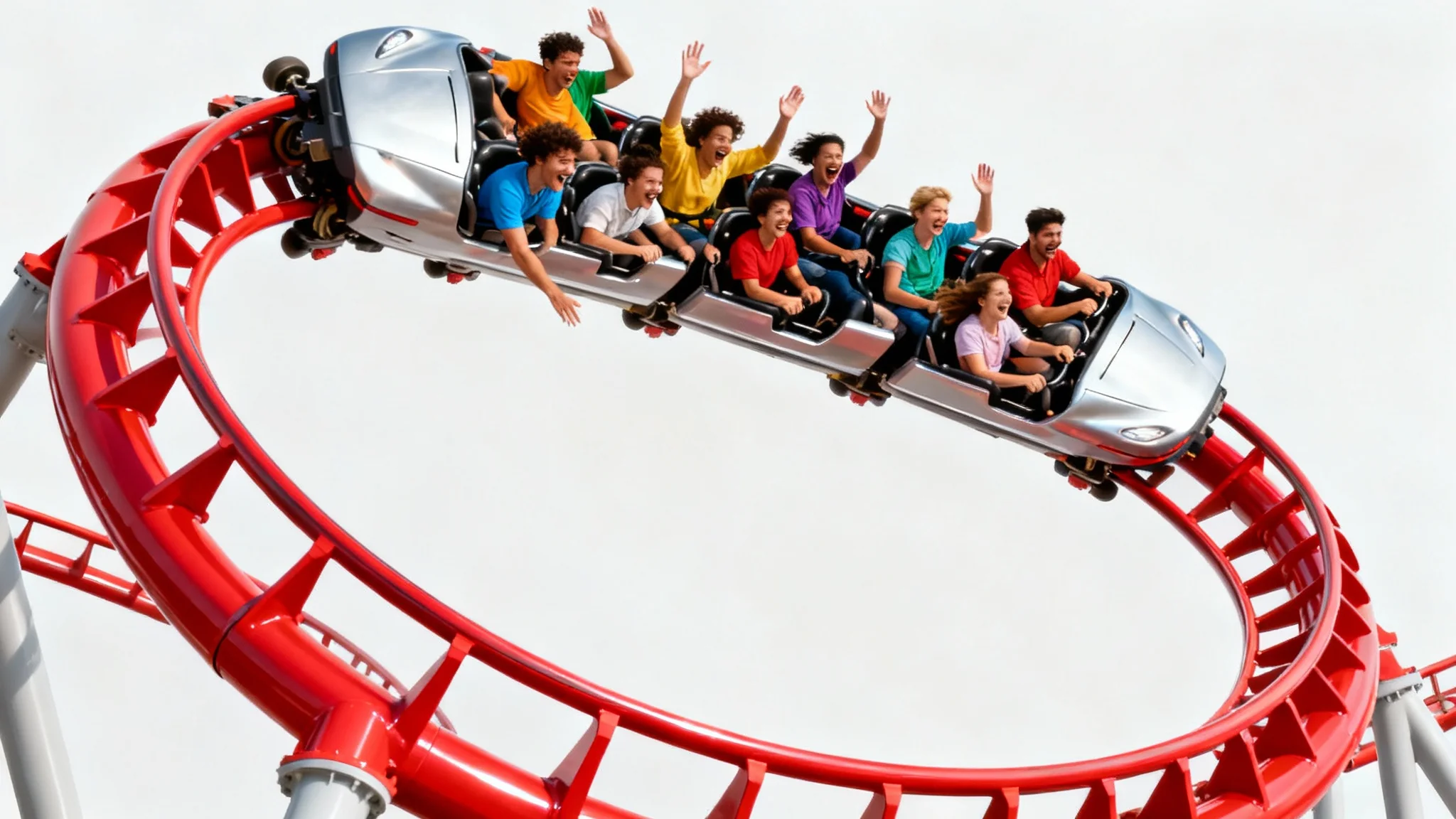 A photorealistic image of a thrilling red roller coaster mid-loop with excited riders, set against a stark white background.