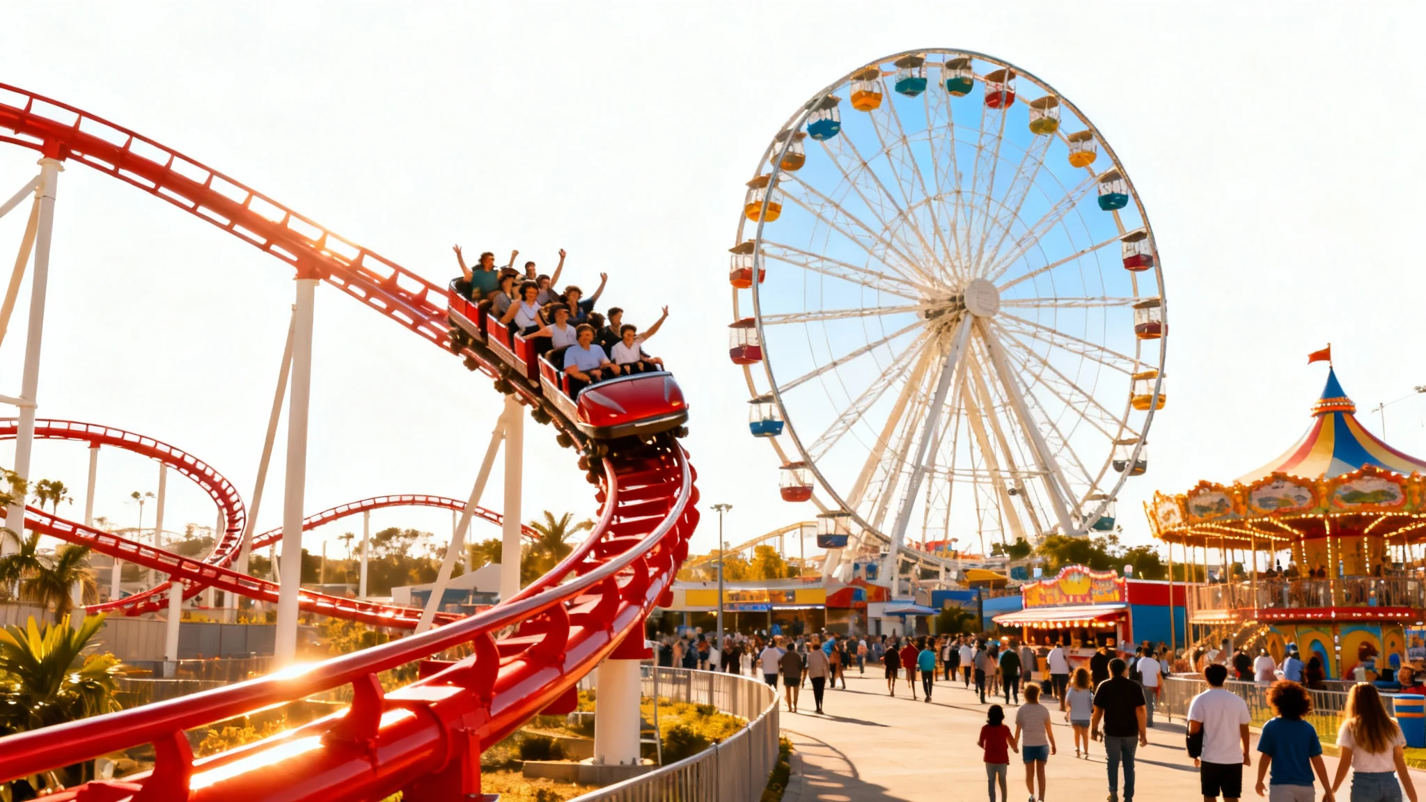 A vibrant and sunny amusement park scene featuring a large red roller coaster full of cheering people and a giant Ferris wheel in the background, all depicted in a clean, photorealistic style.