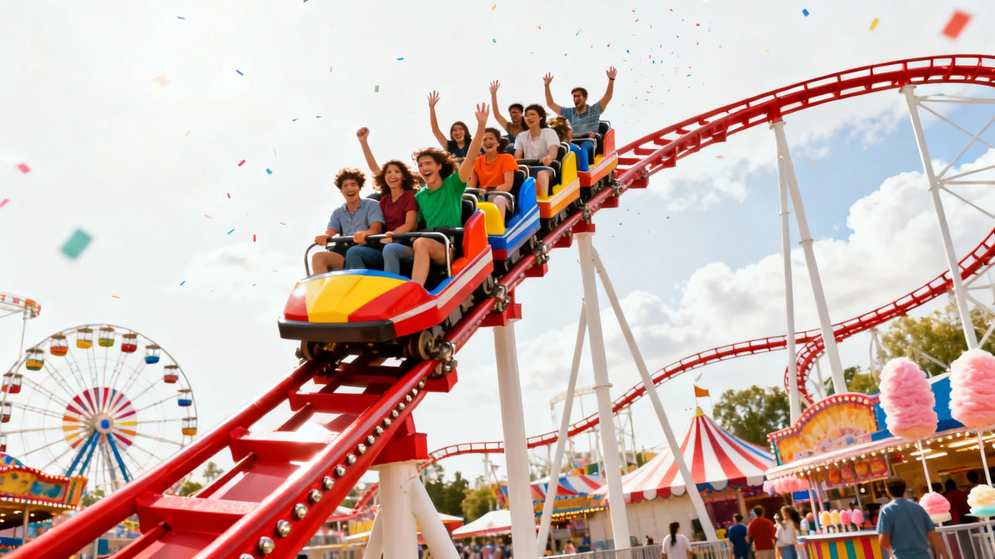 A thrilling amusement park scene with a large red roller coaster full of happy riders, isolated on a clean white background.