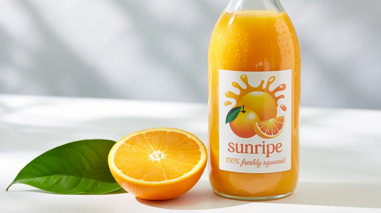 A professional product photo of a bottle of orange juice. The bottle features a vibrant yellow label with illustrations of oranges and the words 'SUNRIPE' and '100% Freshly Squeezed'.