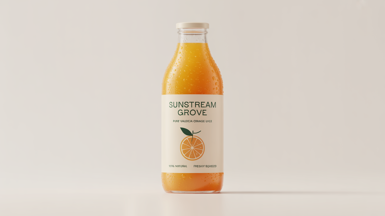 A professional product mockup of a glass bottle of 'Sunstream Grove' orange juice, featuring a clean, modern label design with an illustration of a sliced orange, set against a plain white background.