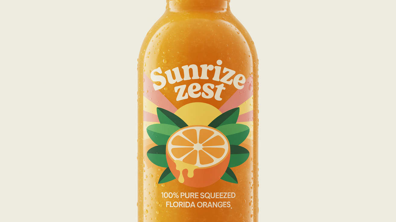 A photorealistic mockup of a glass bottle of orange juice on a white background, featuring a custom label with the brand name 'Sunrize Zest' and an illustration of a sliced orange.