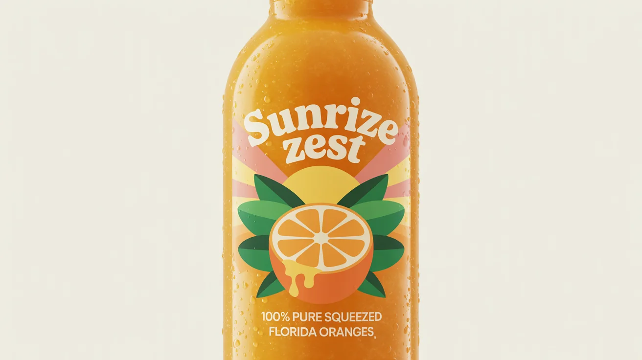 A photorealistic mockup of a glass bottle of orange juice on a white background, featuring a custom label with the brand name 'Sunrize Zest' and an illustration of a sliced orange.