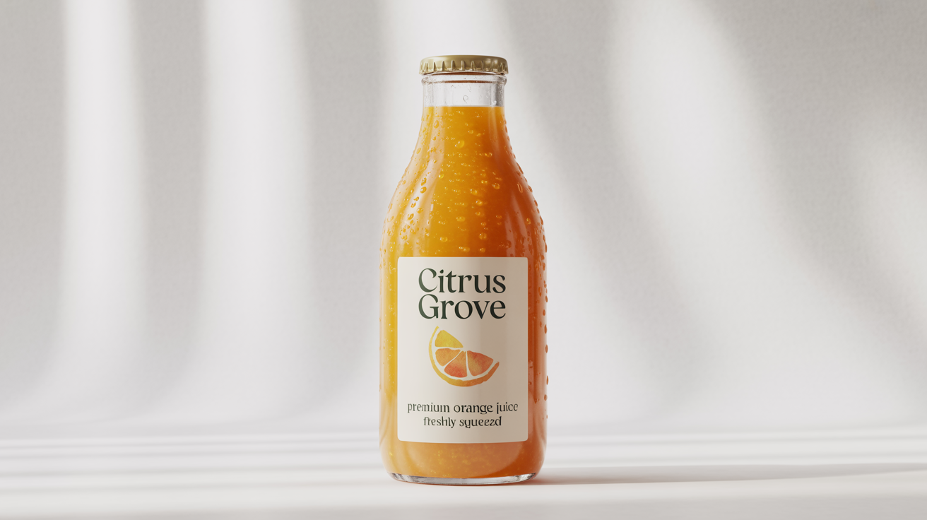 A professional product mockup of a glass bottle filled with fresh orange juice, set against a plain white background. The bottle has a minimalist label that reads 'Citrus Grove, Premium Orange Juice, Freshly Squeezed'.
