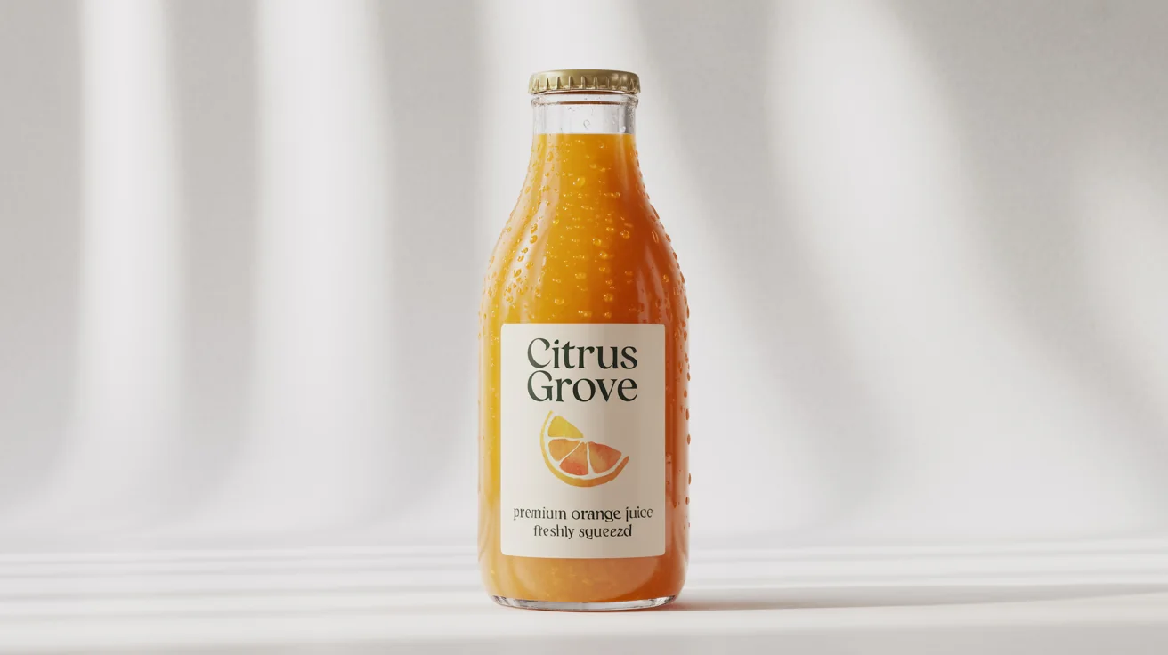 A professional product mockup of a glass bottle filled with fresh orange juice, set against a plain white background. The bottle has a minimalist label that reads 'Citrus Grove, Premium Orange Juice, Freshly Squeezed'.