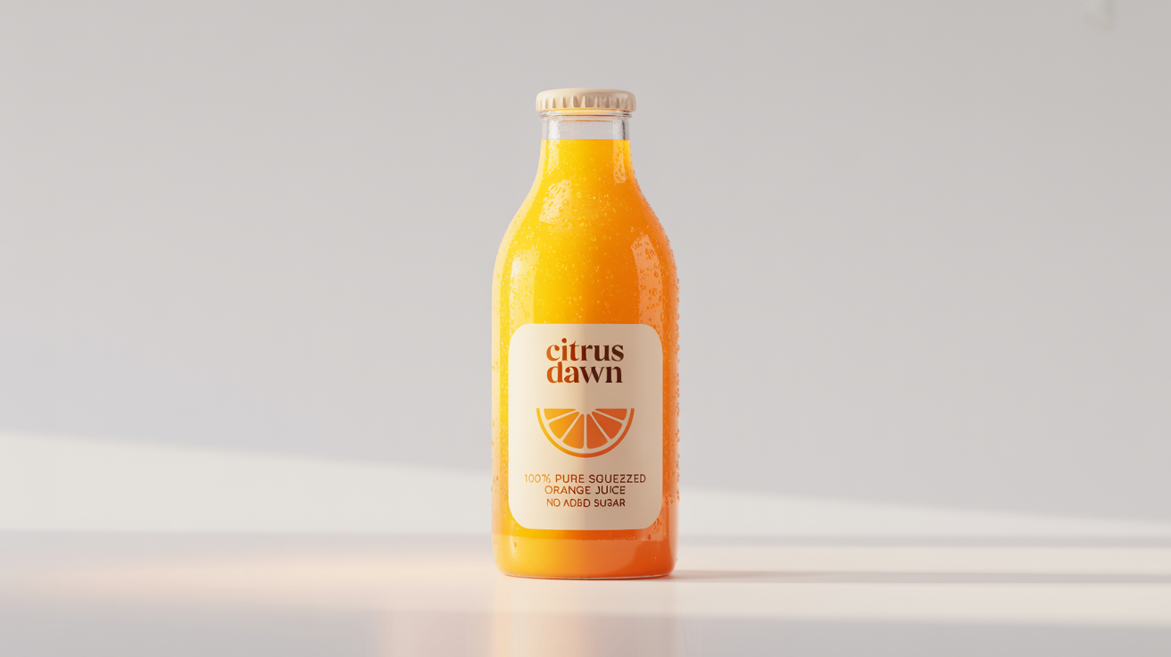A sleek glass bottle of 'Citrus Dawn' orange juice, featuring a minimalist label with an orange slice graphic, set against a clean white background.
