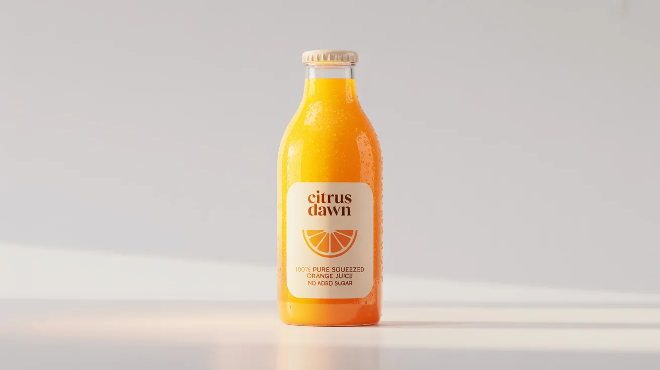 A sleek glass bottle of 'Citrus Dawn' orange juice, featuring a minimalist label with an orange slice graphic, set against a clean white background.