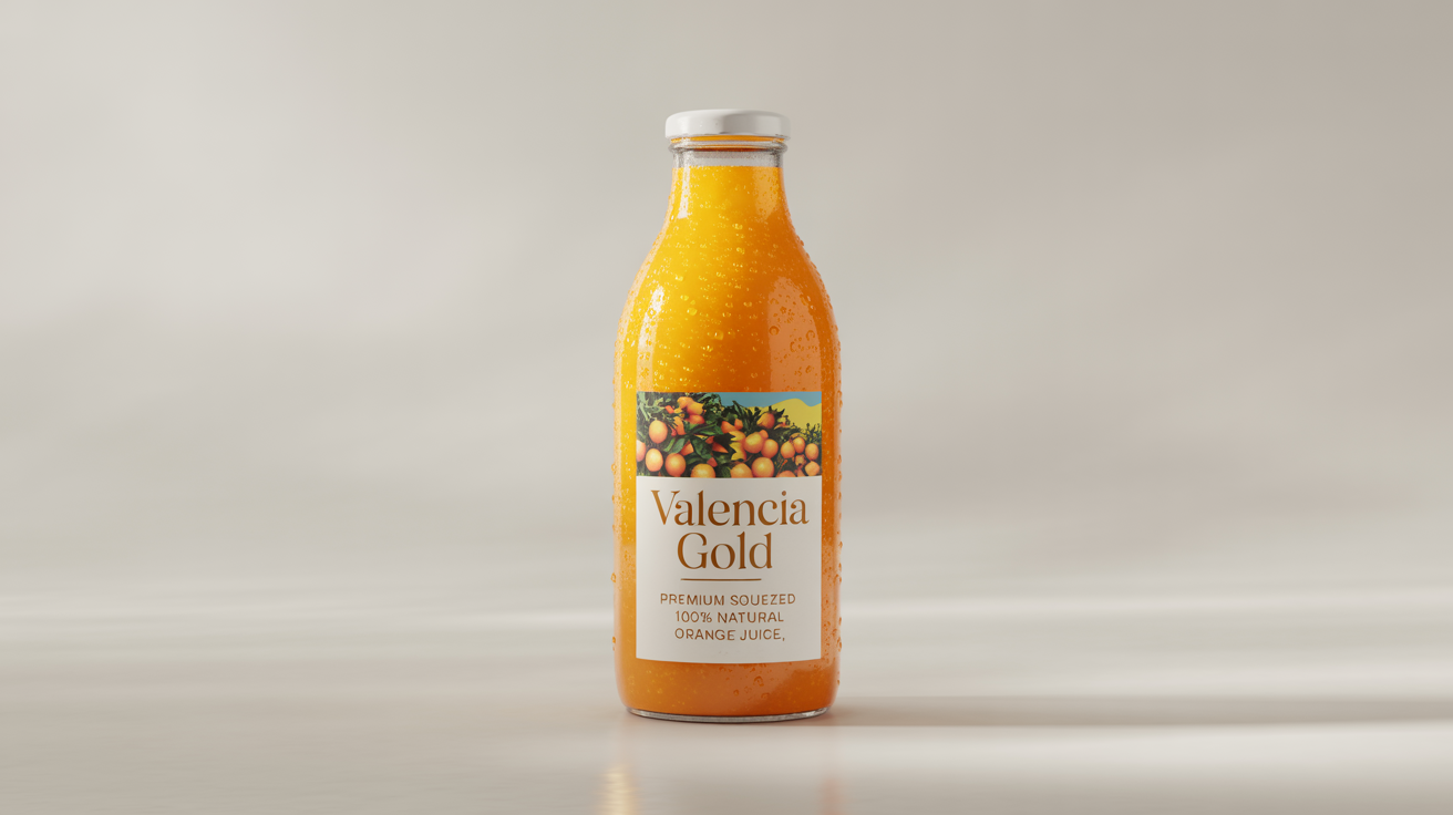 A photorealistic mockup of a glass bottle of orange juice with a premium 'Valencia Gold' label, featuring condensation and set against a clean white background.