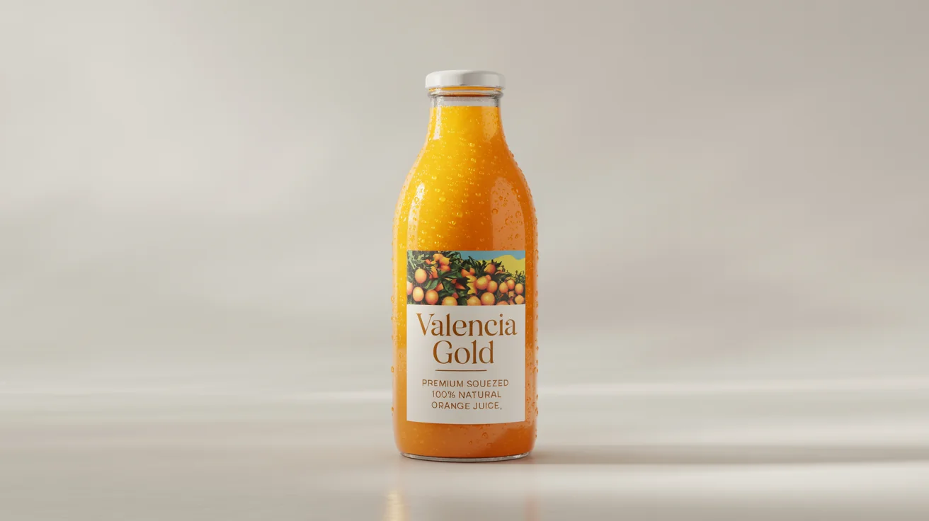 A photorealistic mockup of a glass bottle of orange juice with a premium 'Valencia Gold' label, featuring condensation and set against a clean white background.