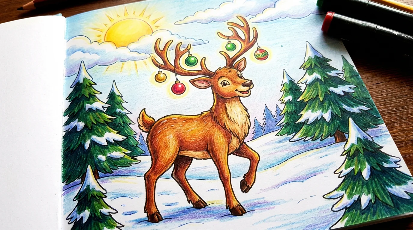 A beautifully colored-in illustration of a cheerful reindeer in a snowy winter scene. The reindeer has colorful ornaments on its antlers, standing amidst snow-covered pine trees under a bright sun.