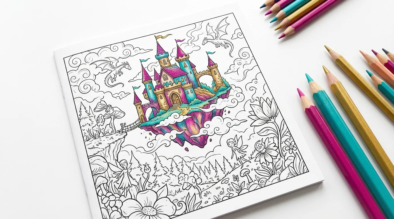 A partially colored-in coloring page of a fantasy castle, shown from a top-down perspective on a white surface with colored pencils lying next to it.