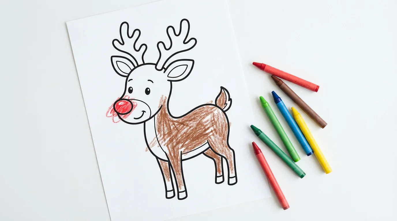 A children's coloring page of a friendly reindeer, partially colored in with crayons, laid flat on a clean white background with a few crayons next to it.