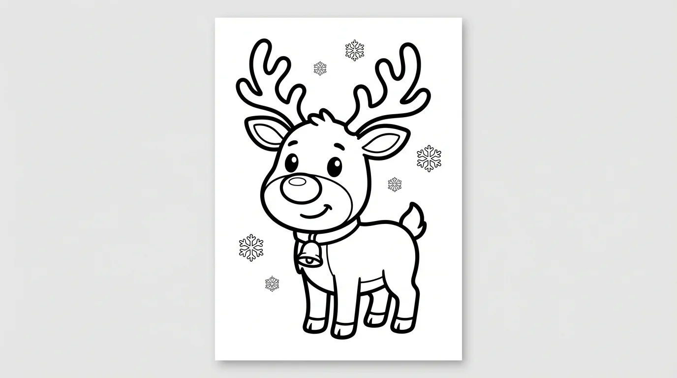 A black and white line art coloring page of a cute cartoon reindeer with a jingle bell collar, ready to be colored in.