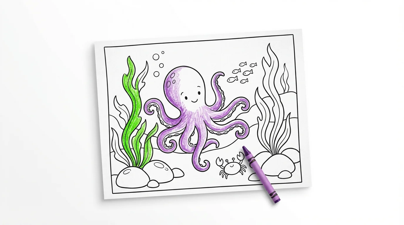 A children's coloring page of an underwater scene with an octopus, partially colored in with purple and green crayon, displayed on a white background.