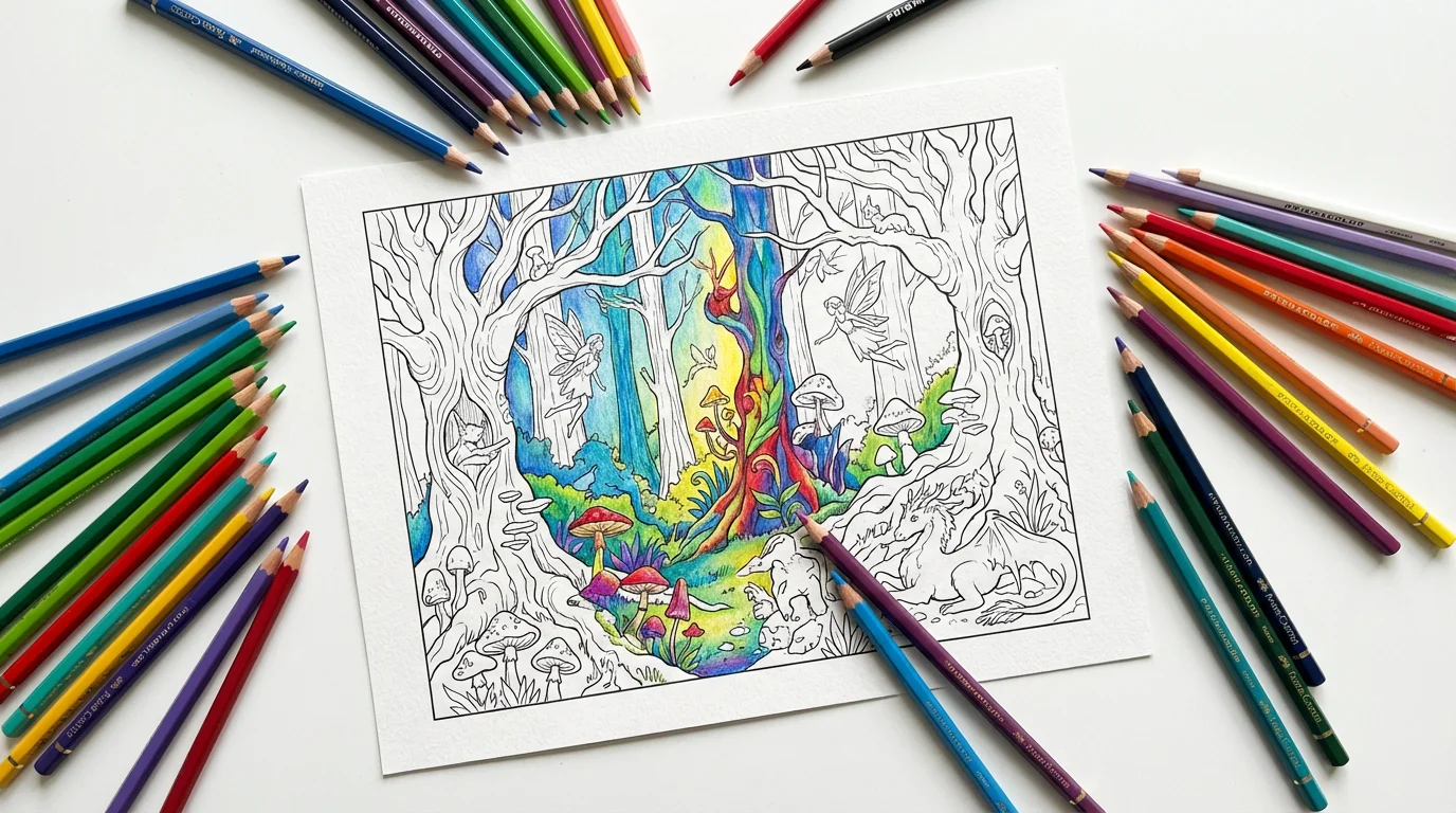 A top-down view of an intricate forest-themed coloring page, partially filled in with bright colors, with colored pencils scattered around it on a clean white background.