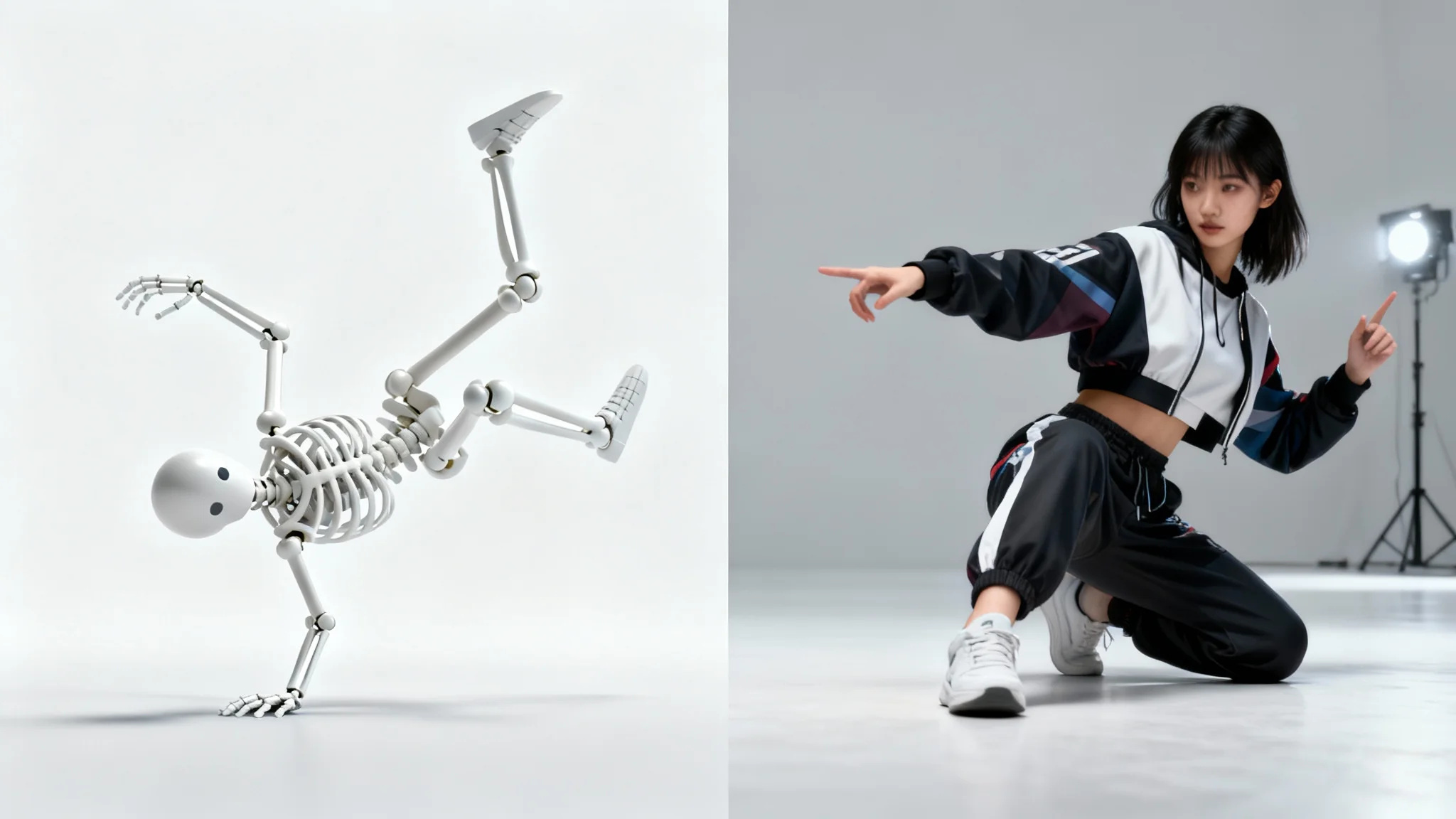 A split-screen comparison showing a pose generation tool's result. The left panel displays a 3D digital skeleton in a breakdancing pose, and the right panel shows a photorealistic woman perfectly matching that same pose.