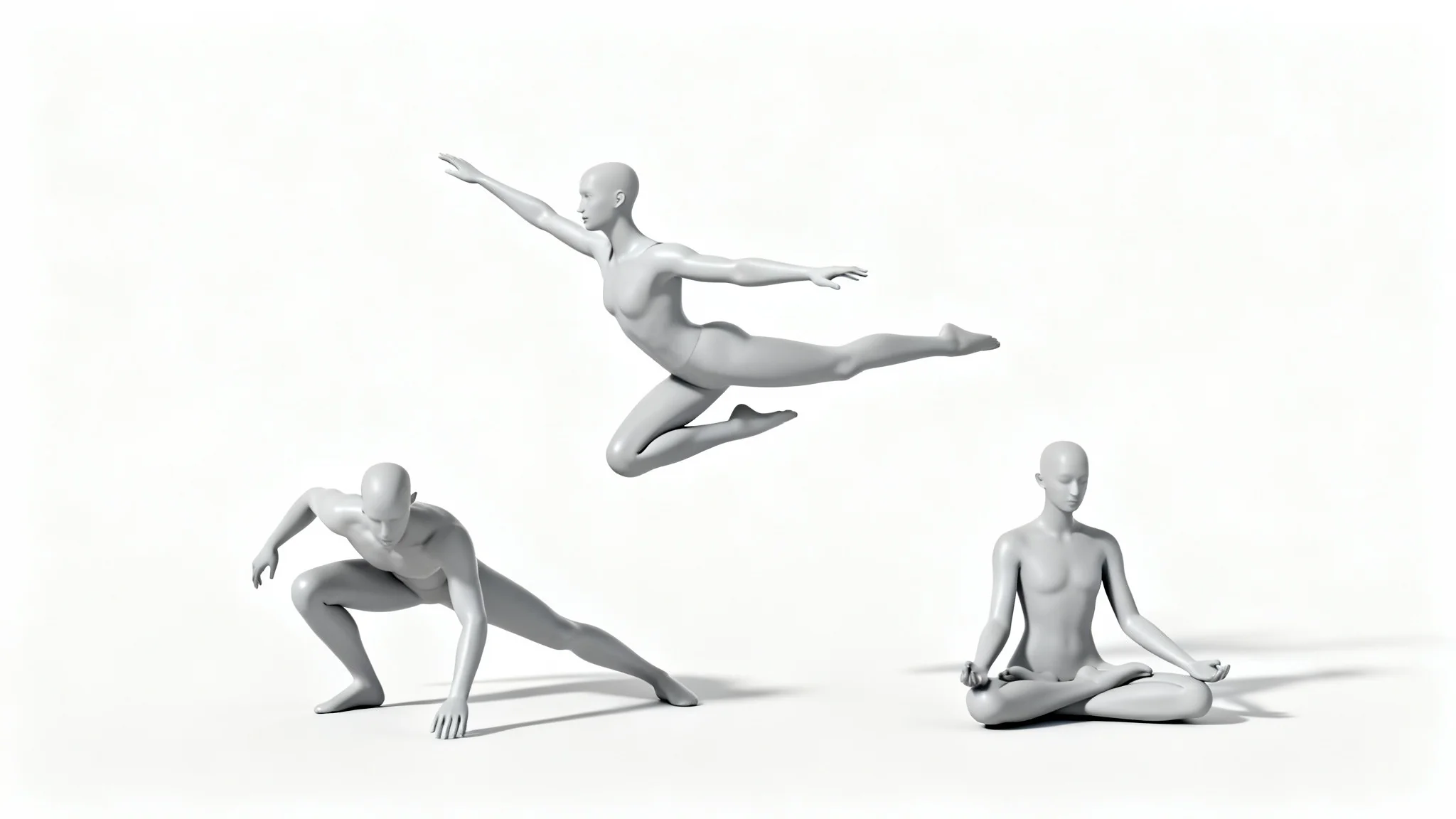 Three minimalist gray mannequins in dynamic poses on a white background, illustrating a tool for generating human poses for art and design.