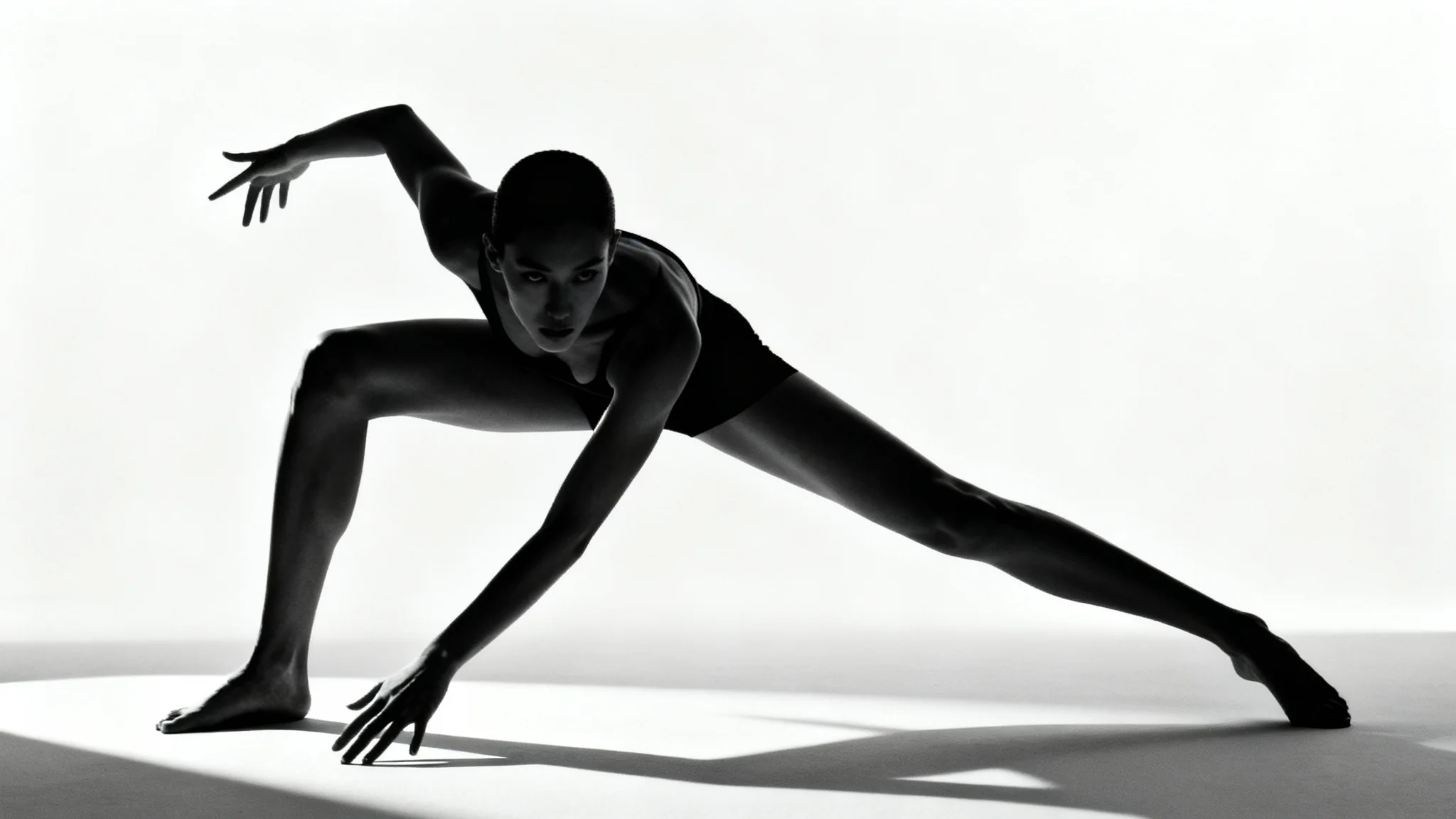 A monochrome, high-fashion photograph of a person in a dramatic, angular pose against a stark white background, with strong shadows defining their form.