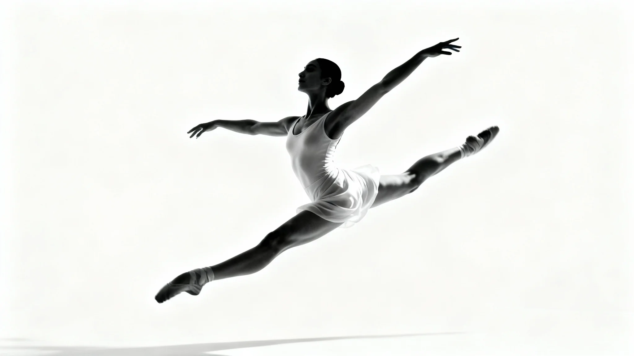 A minimalist studio photograph of a ballet dancer in a white leotard, captured mid-leap in a dramatic pose against a stark white background.