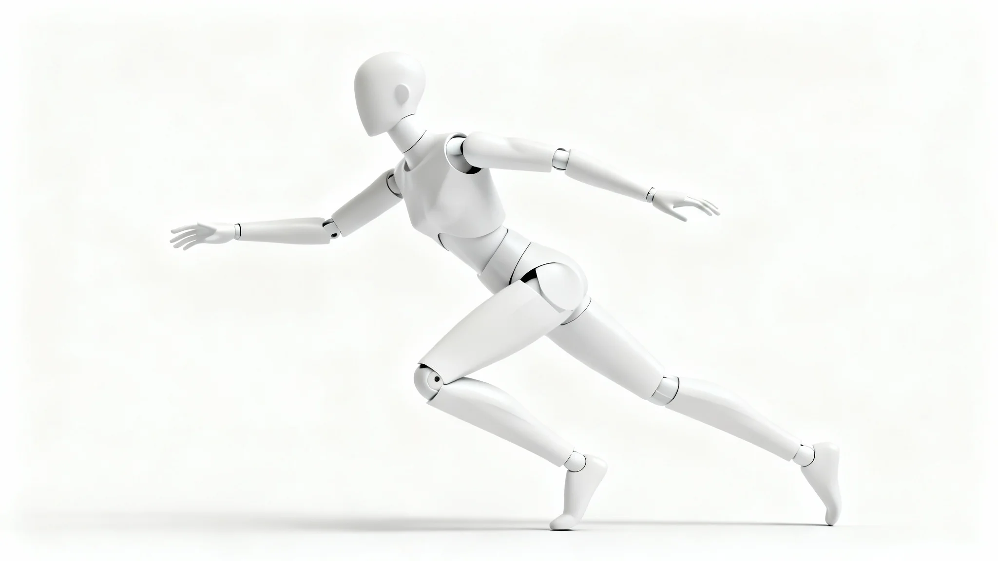 A minimalist, matte white humanoid figure frozen mid-motion in a dynamic, athletic pose against a stark white background, illustrating the concept of posing.