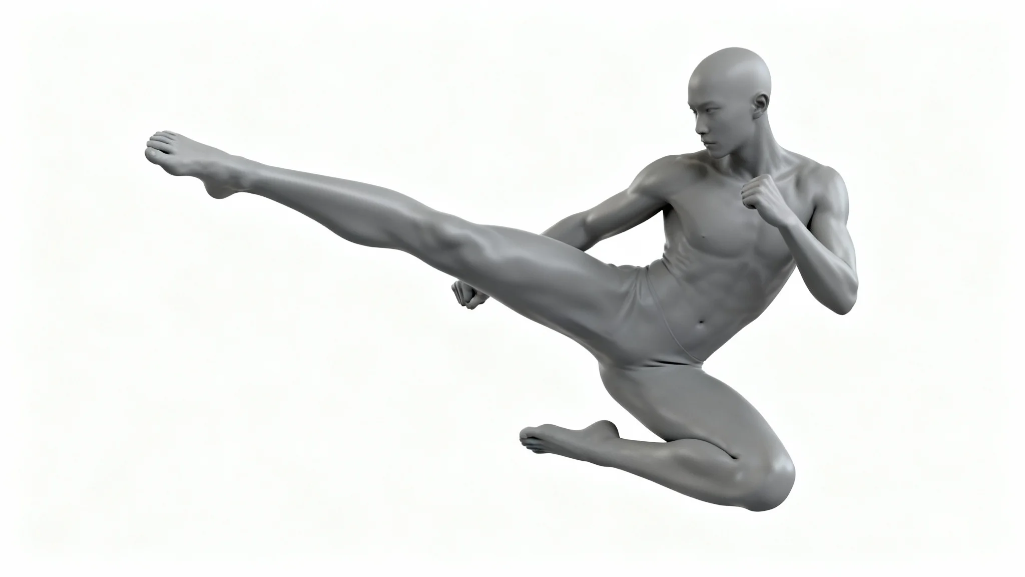 A 3D digital model of an athletic human figure frozen in a dynamic kicking pose, set against a stark white background to highlight its anatomical form.