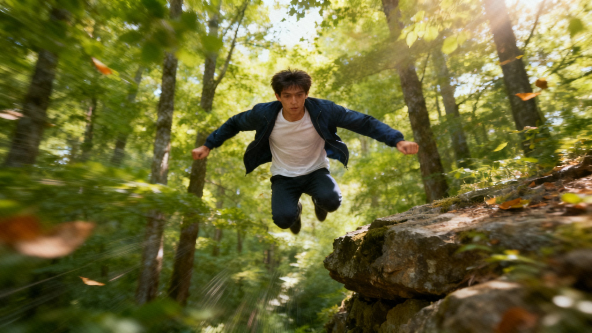 A video-still showing a man in a navy jacket leaping through a sunlit forest, with motion blur and moving leaves indicating that the scene has been animated from a static photo.